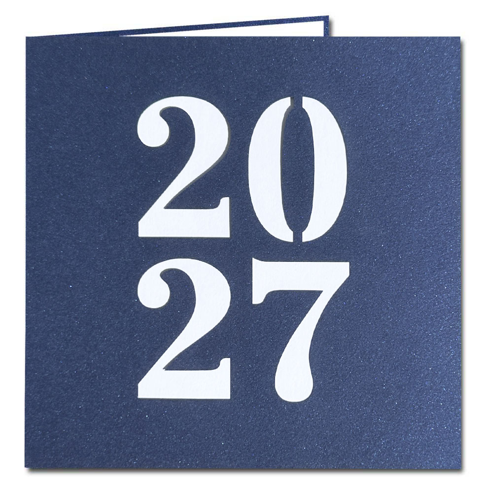 Blaue Metallic-Neujahrskarte mit Laserstanzung 2027 und weißem Einlegeblatt