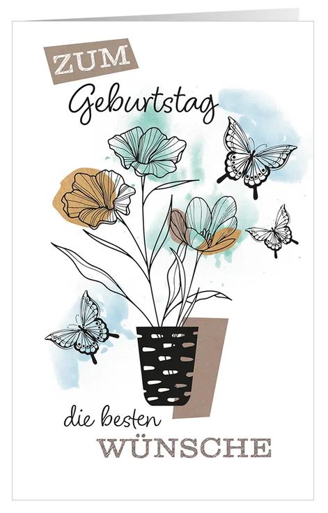 Geburtstagsglückwunschkarte "Schmetterlingszauber" mit besten Wünschen und Blumen in Pastell