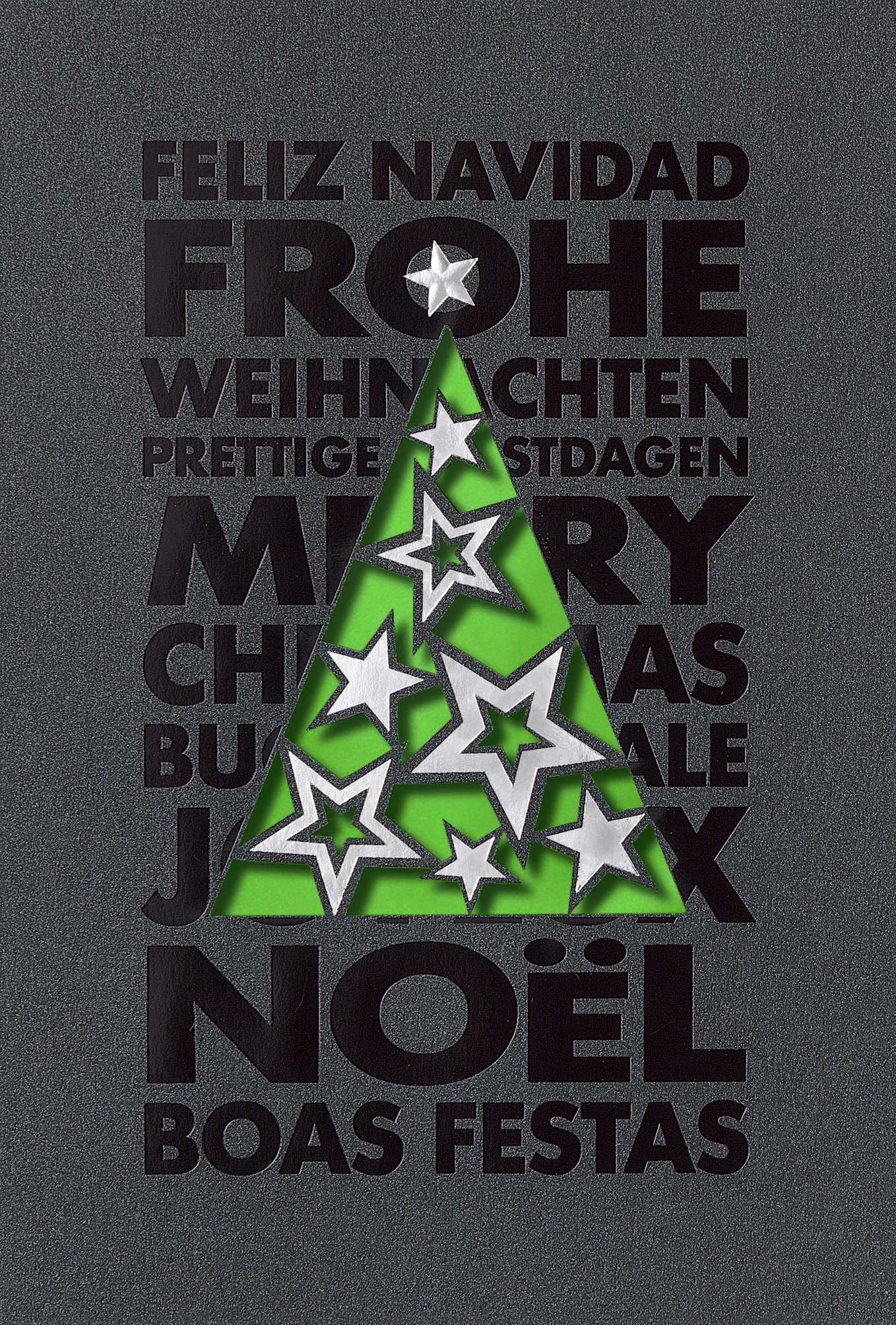 Internationale Weihnachtskarte in dunkelgrau mit Stanzung, Sternen und gruenem Einleger