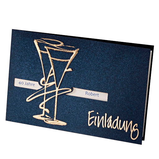 Einladungskarte nachtblau metallic mit goldenen Sektgläsern