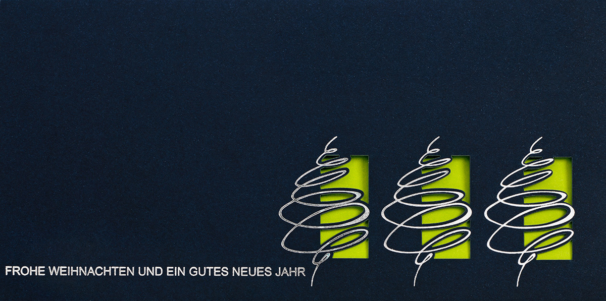 Weihnachtskarte nachtblau mit drei abstrakten Weihnachtsbäumen - Einlegerfarbe wählbar