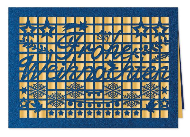 Weihnachts-Klappkarte „Filigranes Festtagsgitter“ in Blau-Metallic mit und detailreicher Stanzung und Einleger in gold