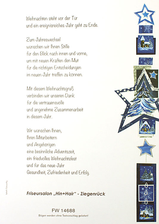 Weihnachtsbrief weiß/blau mit Weihnachtsmotiven und Sternen