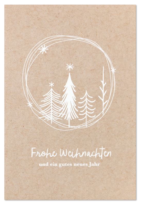 Weihnachtskarte in natürlichem Braun mit weißem Weihnachtsgruß, Tannenbäumen und Sternen