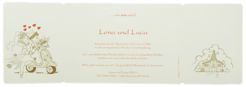 Hochzeitskarte aus hochwertigem, naturweißem Metallic-Karton mit lustigem Comic-Druck Liebespaar auf Roller wird zum Hochzeitspaar.