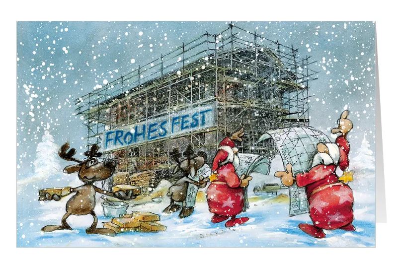Lustige Weihnachtskarte "Baustellen-Weihnacht" für Gerüstbauer, Baufirmen, Gerüstverleih mit Gruß "Frohes Fest"