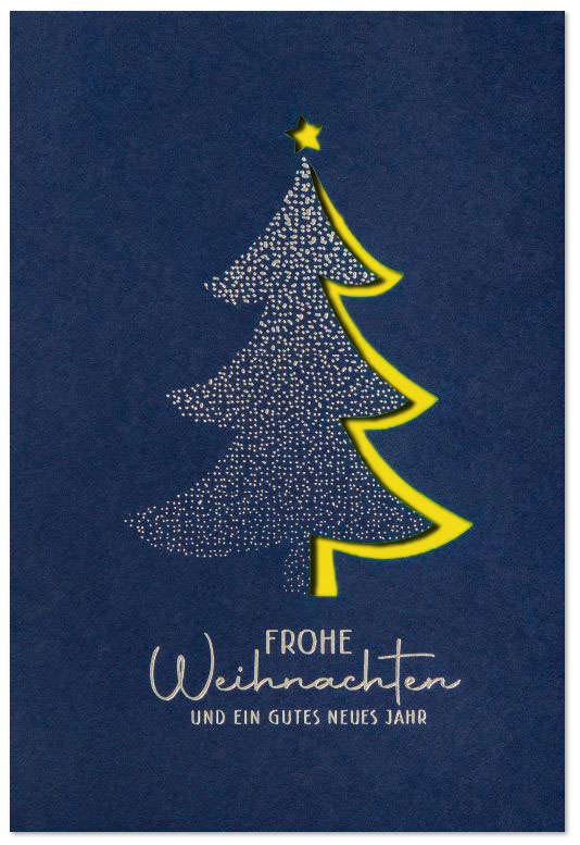 Blaue Weihnachtskarte "Tannenglück" mit Silberfolienprägung und Laserstanzung, Einleger gelb