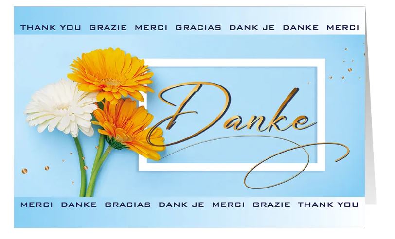 Internationale Danksagungskarte mit bunten Gerberas und Schriftzug "Danke" in goldähnlichem Druck
