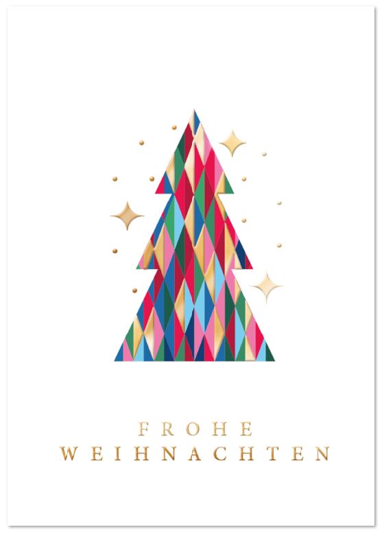 Moderne Weihnachtskarte "Design Baum" mit Goldfolienprägung und Weihnachtsbaum mit bunten Rauten
