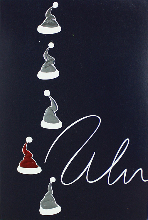 Weihnachtskarte nachtblau mit Weihnachtsmützen in silber und rot