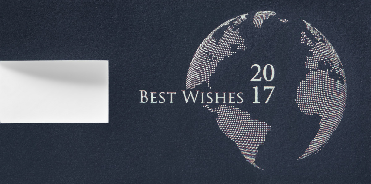 Neujahrskarte nachtblau Logokarte Best Wishes Jahreszahl 2017 Weltkugel