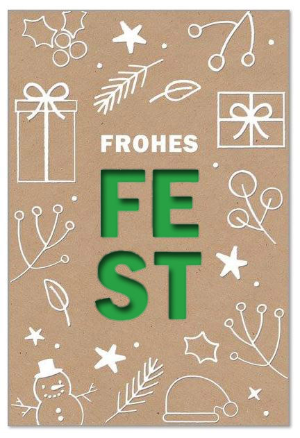 Gestanzter Festgruß mit weiß geprägten Winter-Doodles und Spende zugunsten dem Deutschen Kinderhilfswerk e.V., Einleger hellgrün