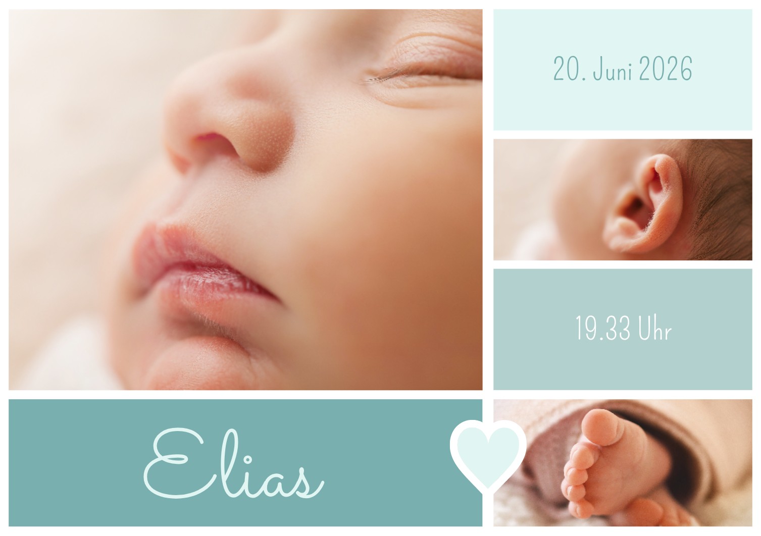 eukalyptus, pastell-türkis Personalisierbare Geburtskarte im modernen Steckbrief-Layout mit eigenen Fotos individuell zu gestalten