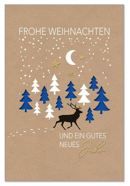 Weihnachtskarte in Kraftpapier-Optik mit Formstanzung Tannenbäume, Goldfoliendruck und Einleger in Blau