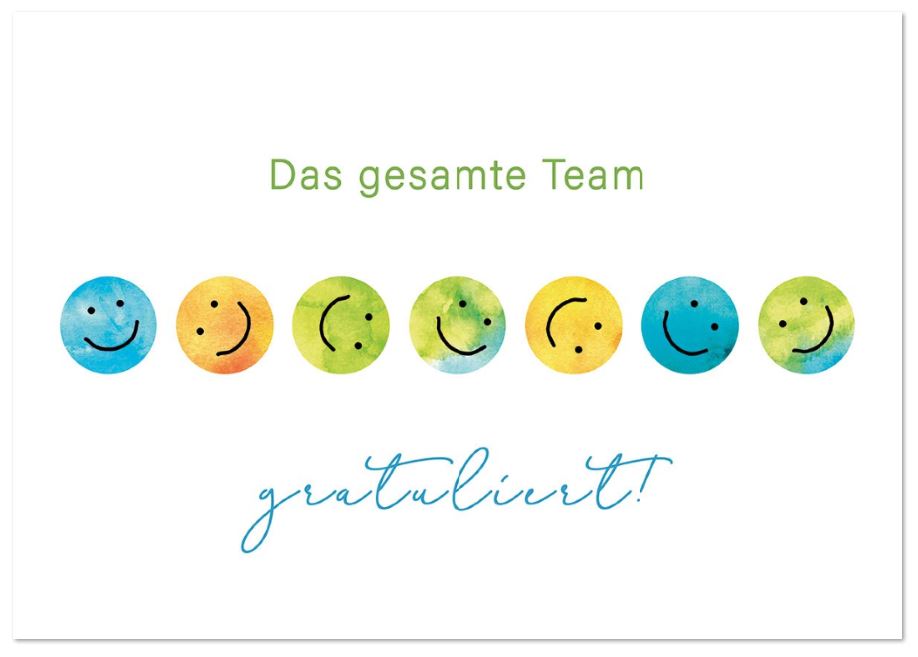 Fröhliche Firmenglückwunschkarte "Buntes Team" für viele Anlässe geeignet mit bunten Smileys