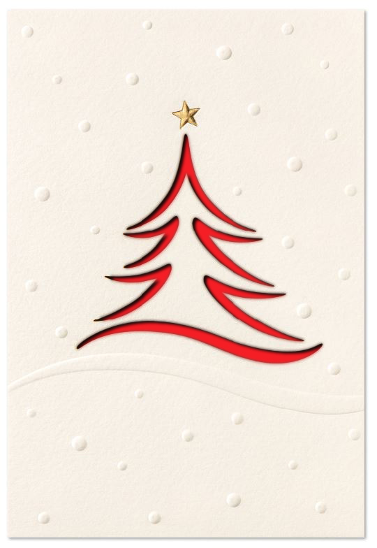 Edle Laser-Weihnachtskarte in weiß mit Blind- und Goldfolienprägung sowie gelastertem Baum, Einleger rot