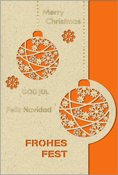 Internationale Weihnachtskarte in naturbraun mit lasergestanzten Kugeln und Goldprägung, Einleger orange