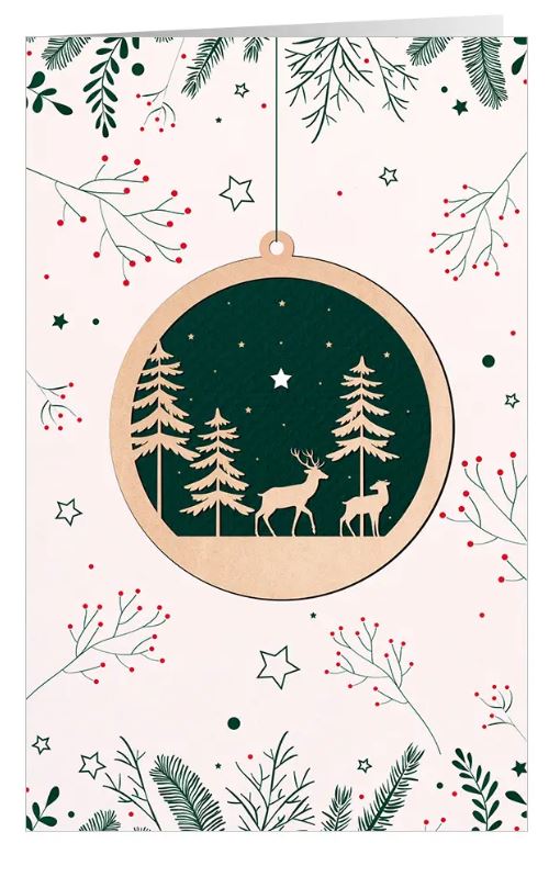 Weihnachtliche Spendenkarte "Ruhe und Kraft" mit hängender Kugel und floralem Druck für Ärzte ohne Grenzen