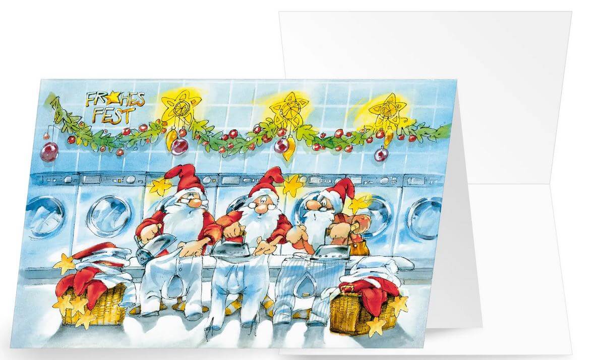 Lustiger Weihnachtsgruß mit bügelnden Weihnachtsmännern für Wäscherei und Reinigung