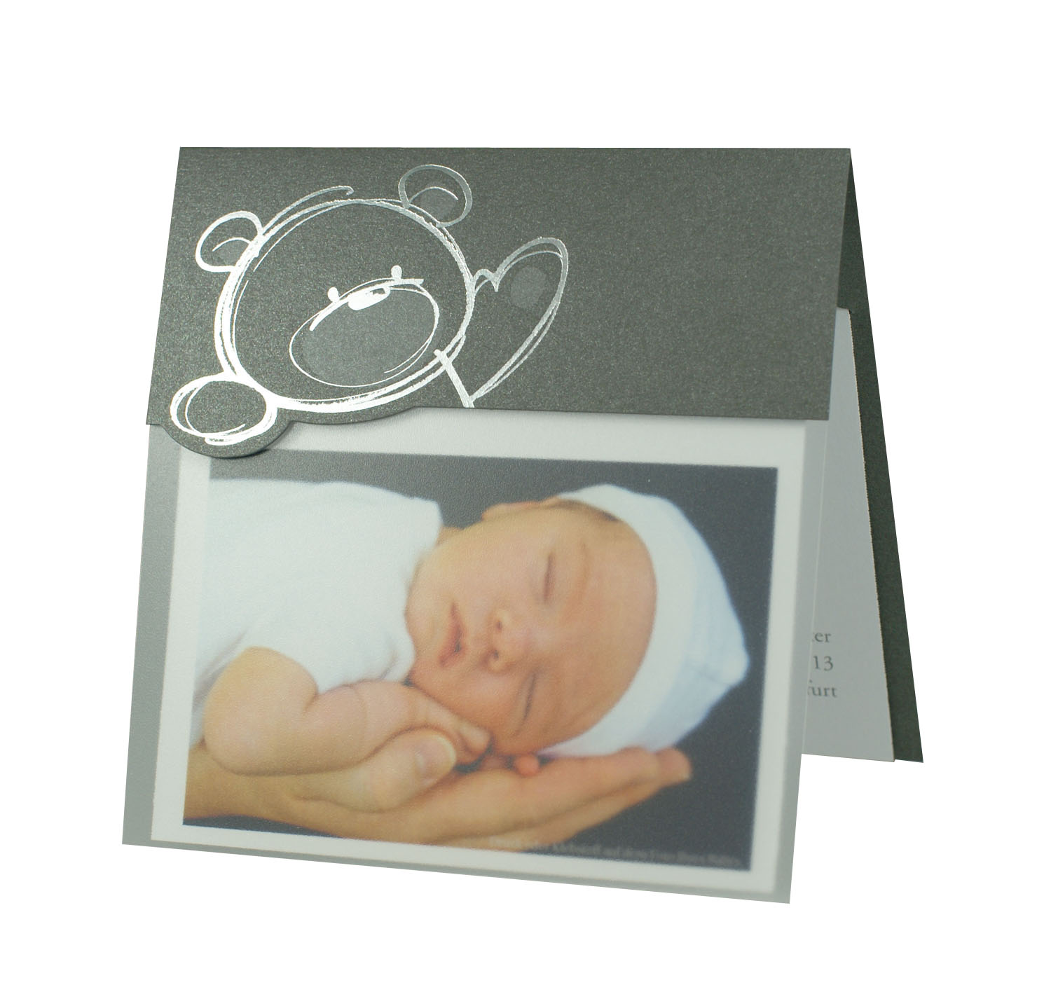 Geburtskarte Fotokarte anthrazit metallic mit Silberfolienprägung Teddybär