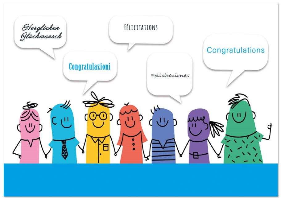 Fröhliche Glückwunschkarte "Bunte Vielfalt" mit internationalen Glückwünschen und originell gezeichneten Figuren