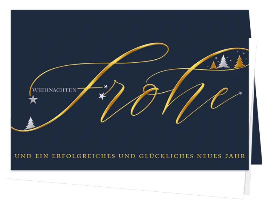Firmenweihnachtskarte "Eleganz" in blau mit Gold- und Silberfolienprägung, inkl. Einlegeblatt weiß