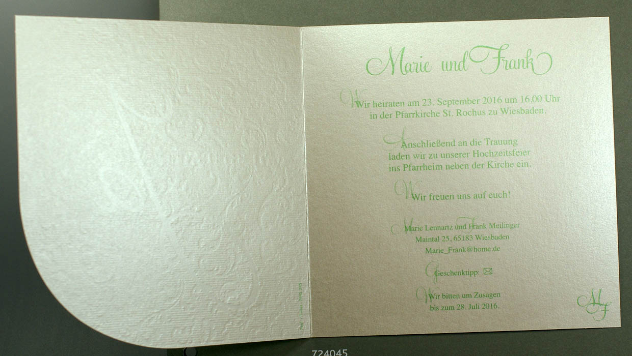 Hochzeitskarte zartes grün mit Ranken und goldenes Ja