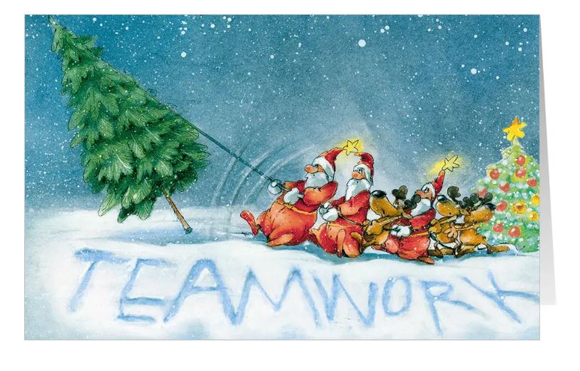 Team-Weihnachtskarte für Firmen "Erfolgreiches Miteinander" mit Weihnachtsmännern und Rentieren in gemeinsamer Aktion