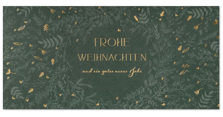 Florale Weihnachtskarte "Grüne Eleganz" im Format DIN lang mit Goldfolienprägung, Weihnachtsgruß und Blätterranken