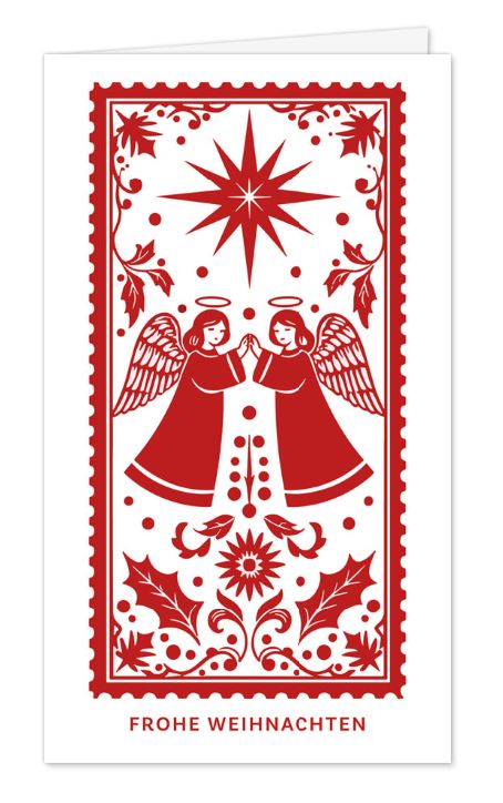 Nostalgische Weihnachtskarte im kleinen Format mit filigranem Engel-Scherenschnitt-Motiv in traditionellem Rot