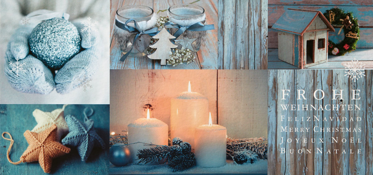 Weihnachtskarte mit farblich abgestimmten Fotos und internationalen Wünschen
