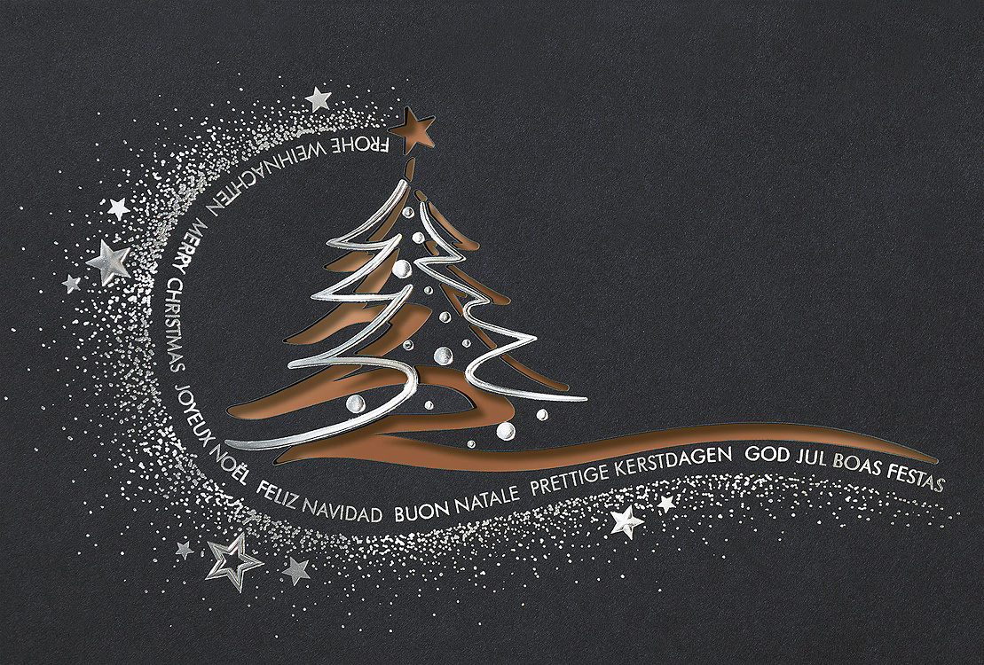 Weihnachtskarte nachtblau Sterne Weihnachtsbaum mehrsprachig