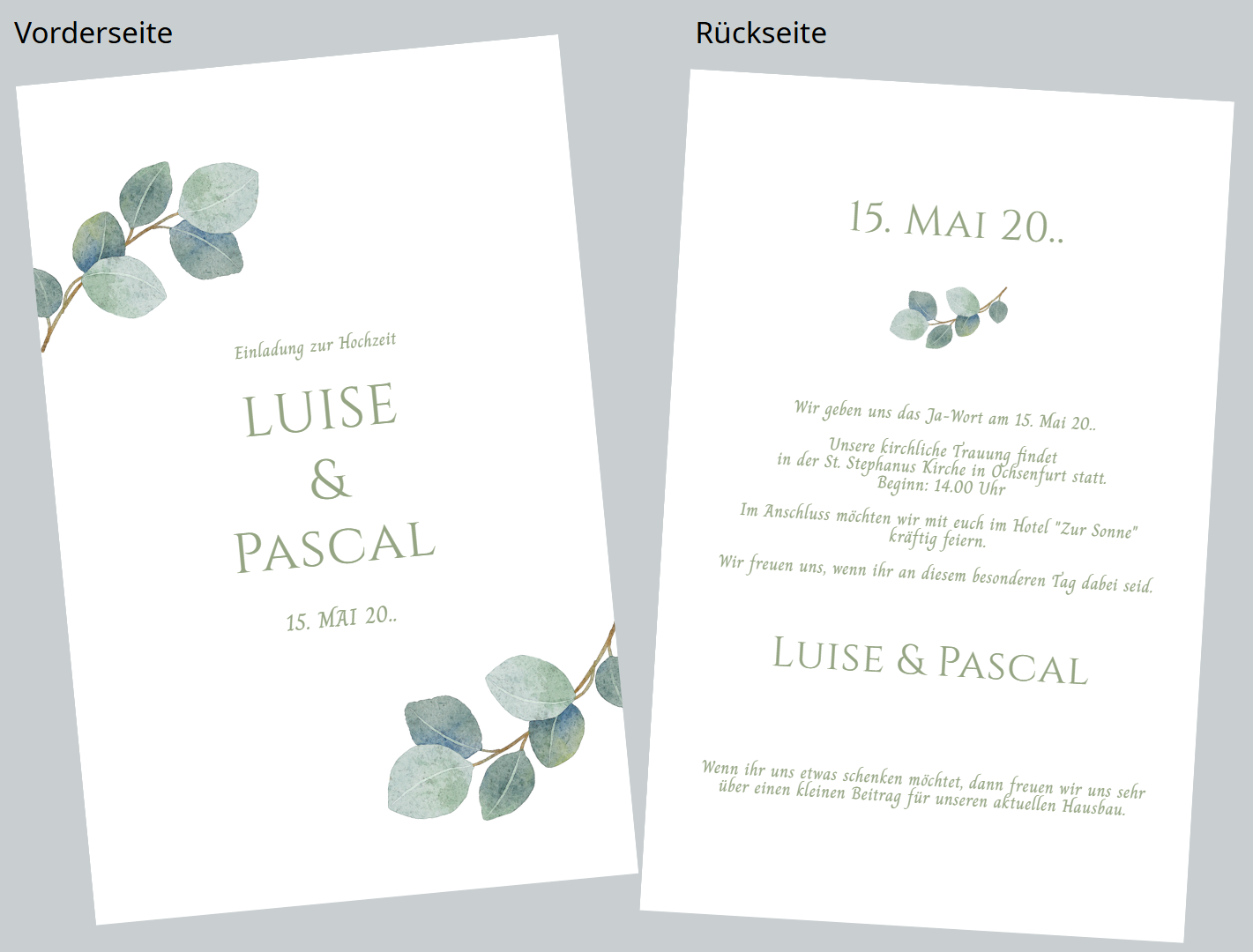 Florale Hochzeits-Einladungskarte als Einzelkarte mit Vorder- und Rückseitendruck im natürlichen Greenery-Design