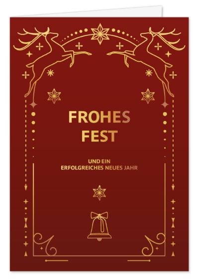 Klassische Firmen-Weihnachtskarte in samtrot mit kunstvollen goldenen Ornamenten in edler Prägung