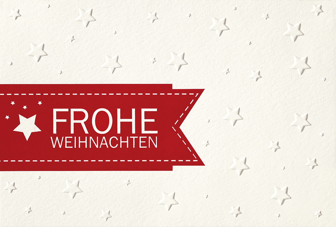 Weihnachtskarte creme mit Frohe Weihnachten auf rotem Banner