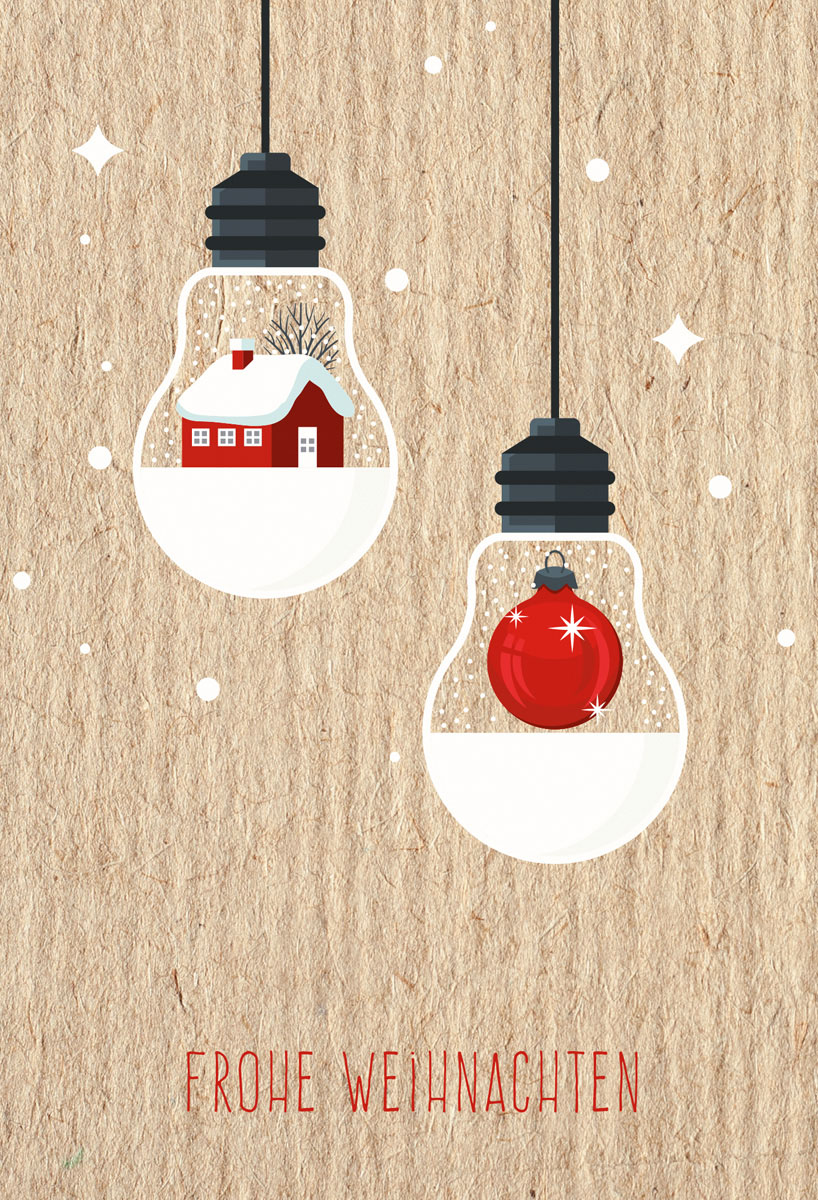 Weihnachtskarte Frohe Weihnachten mit zwei Glühbirnen als Weihnachtsdeko mit Haus und Kugel