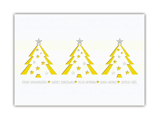 Internationale Weihnachtskarte guter Zweck Deutsche Kinderkrebsstiftung mit gelbem Einleger