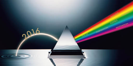 Neujahrskarte 2016 mit Prisma und Regenbogen englische Begriffe