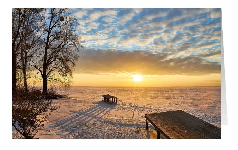 Winterlandschaftskarte "Goldene Stunde" mit zauberhaften Sonnenuntergang in schöner Naturlandschaft