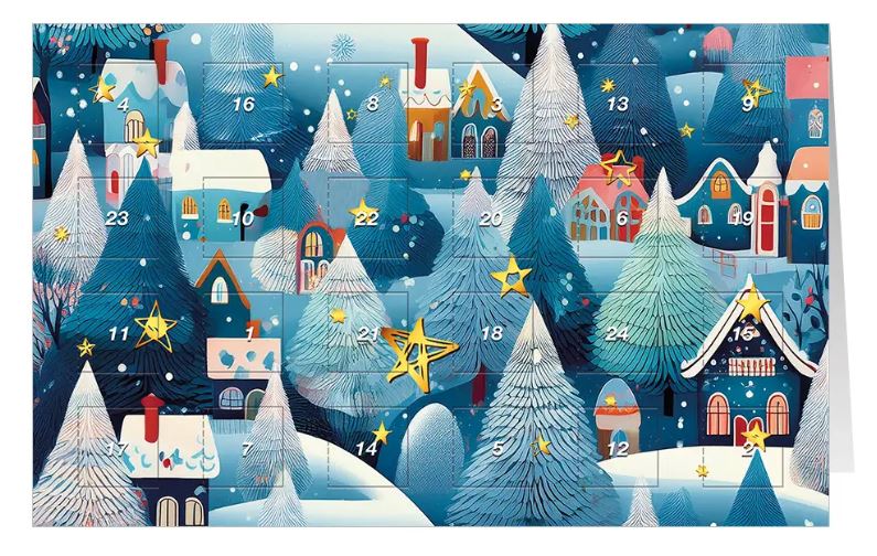 Adventskalenderkarte "Blauer Wintertraum" mit schneebedeckten Häusern und Tannen und 24 Fenster zum Öffnen