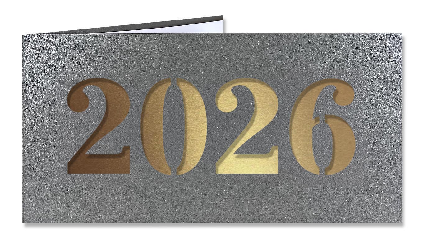 Dunkelgraue Neujahrskarte mit Laserstanzung 2026 und goldfarbenem Einlegeblatt