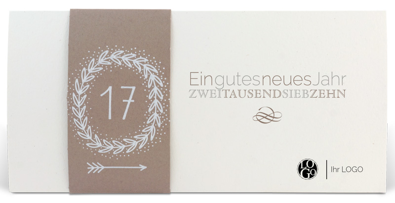 Neujahrskarte mit Jahreszahl 2017 im Kranz und Neujahrswunsch auf der Karte