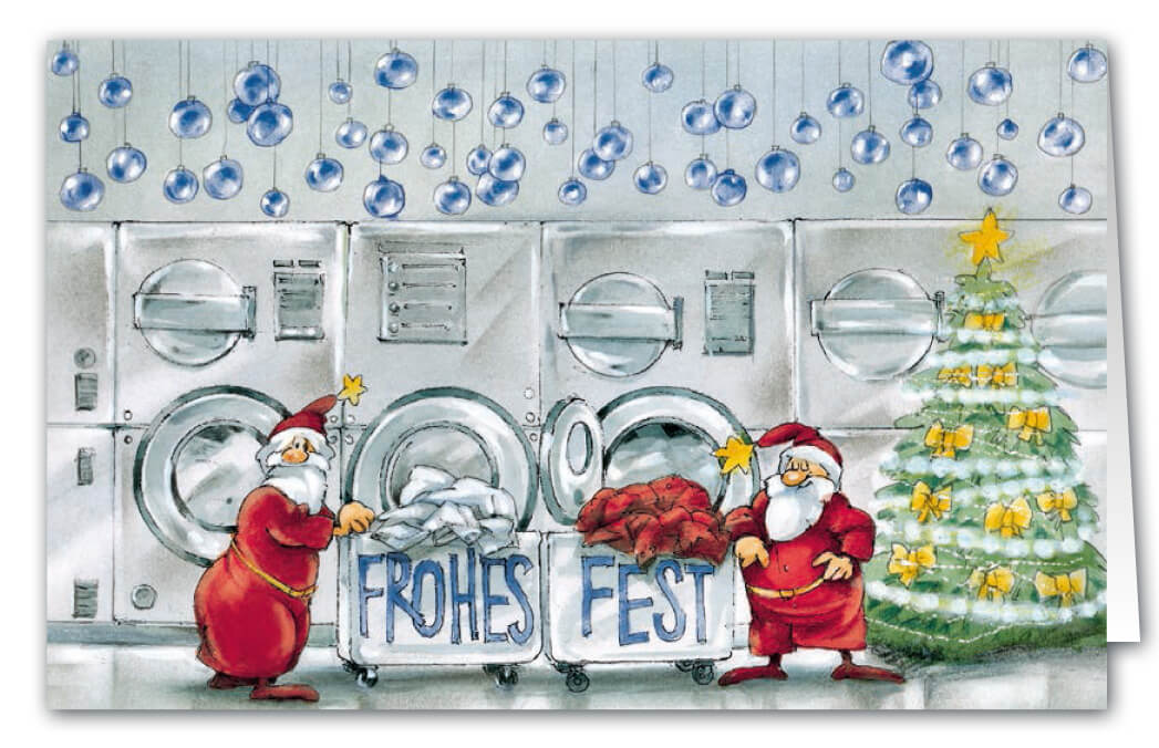 Branchenkarte als Weihnachtskarte für Wäscherei oder Reinigung mit Weihnachtsgruß und Baum
