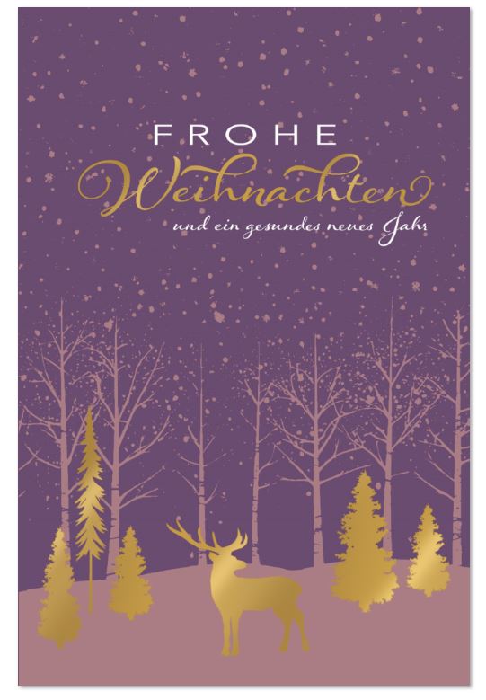 Violette Weihnachtskarte "Eleganter Goldhirsch" mit Folienprägung, Motiv: Hirsch im winterlichen Wald mit Weihnachtsgruß