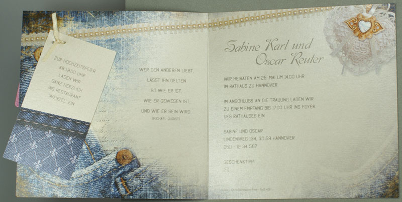Hochzeitskarte quadratisch Jeans-Look Rüschenmuster ba723124