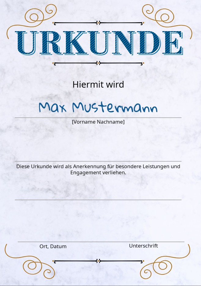 Urkunde (blau) aus kräftigem, grau marmoriertem Design-Karton mit 200g/m² Grammatur.