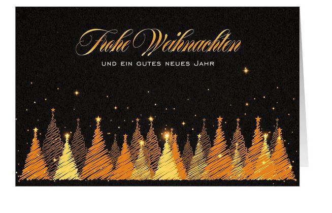 Moderne Spendenweihnachtskarte "Goldglanz" mit Tannenwald und Sternen sowie gutem Zweck: Ärzte ohne Grenzen