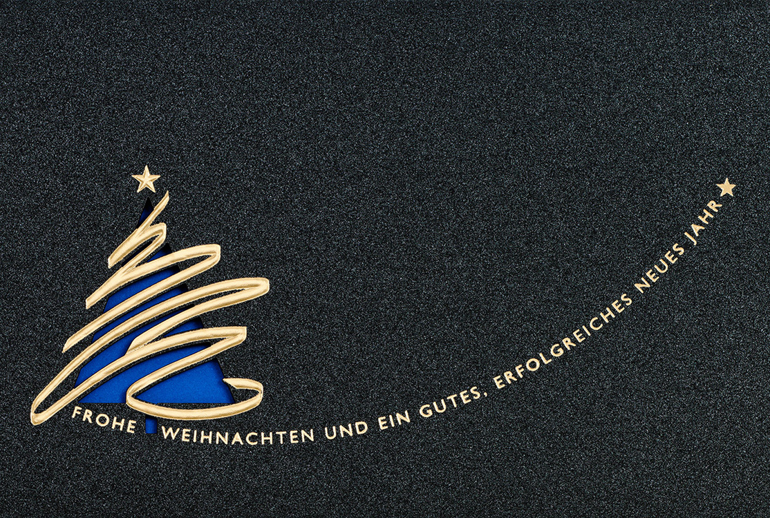 Weihnachtskarte anthrazit metallic mit Baum Einleger blau