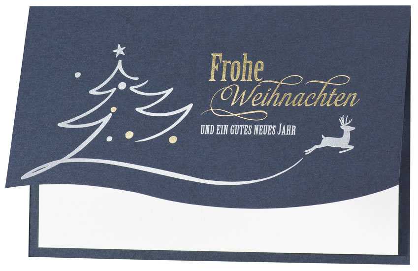 Weihnachtskarte nachtblau mit Konturstanzung und goldener und silberner Schrift