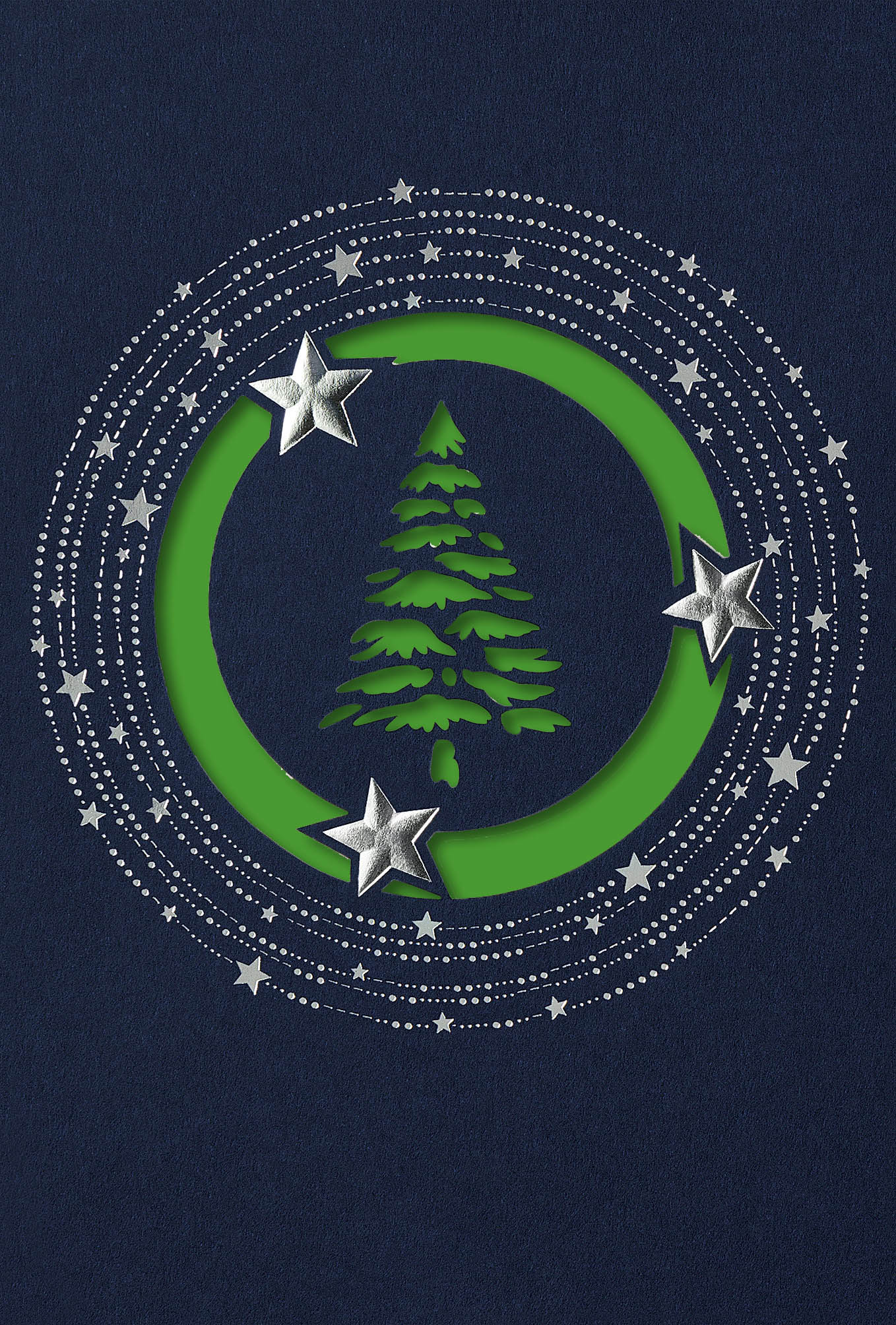 Stanz-Weihnachtskarte mit silbernen Sternen und Baum inkl. gruenem Einlegeblatt